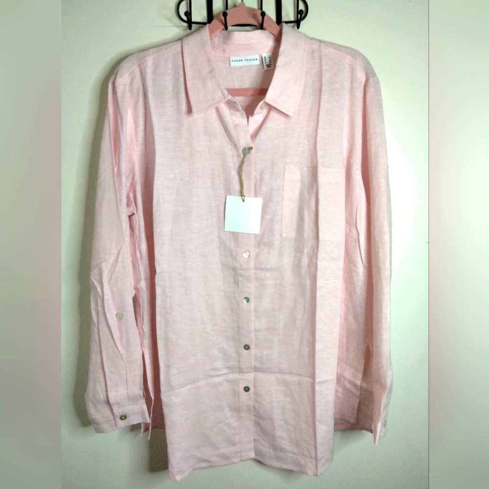Susan Graver (Size L) Pink Linen Blend Button Front Roll Tab LS Shirt (NEW-NWT)